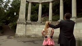 Huge tits blonde sucks big cock outdoor