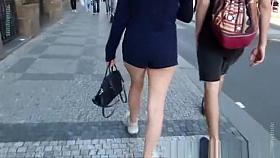 Girl in blue tight shorts