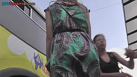 Young peach presents bubble ass in upskirt in public