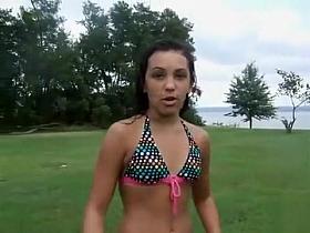 Athletic senorita took a slash on the docks